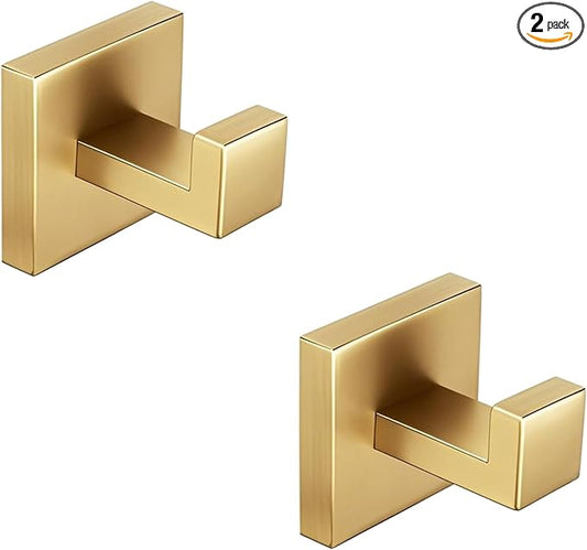Nolimas Bathroom Towel Hook SUS304 Stainless Steel Square Clothes Coat Robe Hooks Cabinet Closet Door Sponges Hanger for Bath Kitchen Garage, Heavy Duty Wall Mounted, Gold Finish, 2pack