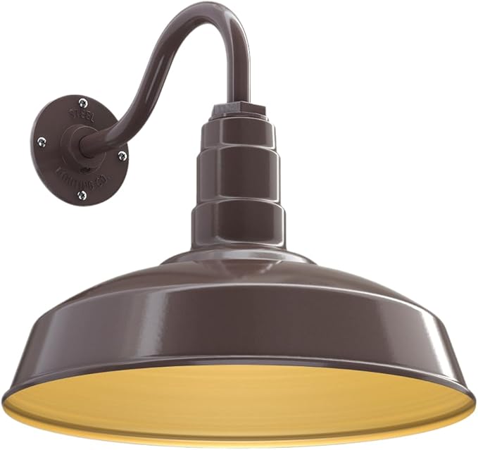 Steel Lighting Co. Gardena Barn Light | Outdoor Wall Mounted | 16" Dome | 11" Gooseneck | Farmhouse Light Made in America | Dark Bronze Exterior/Brass Interior