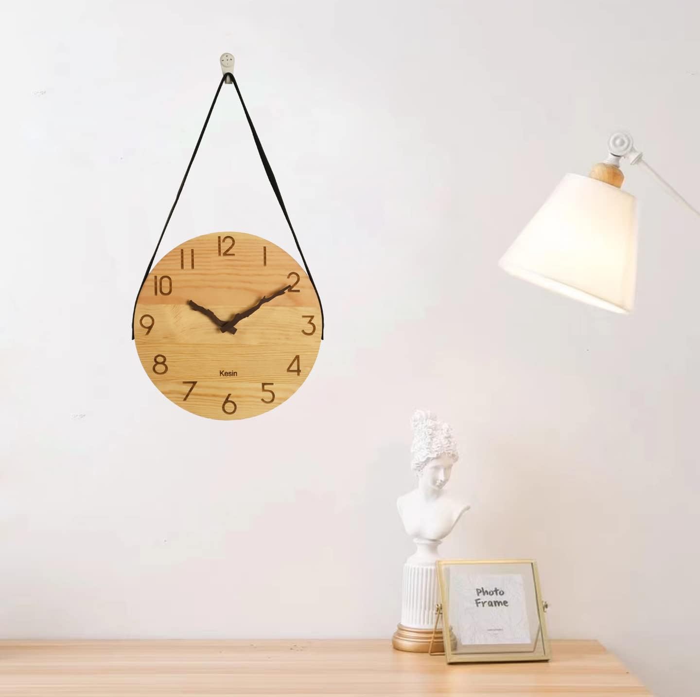 Kesin Wooden Wall Clocks 10 inch Silent Wall Clock Battery Operated Hand Made Round Farmhouse Clock with Rope Hanging Home Decor for Kitchen, Living Room, Bedroom, Office (Nature)