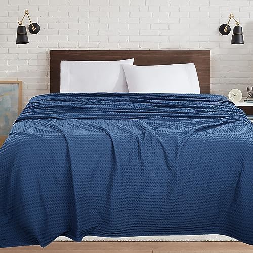 HILLFAIR 100% Cotton Blanket- 120" x 120" XXL Oversized King Bed Blankets - Family Size 10 ft x 10 ft Big - Soft Breathable Waffle Blankets for Bed - Extra Large King Cotton Blanket - Blue