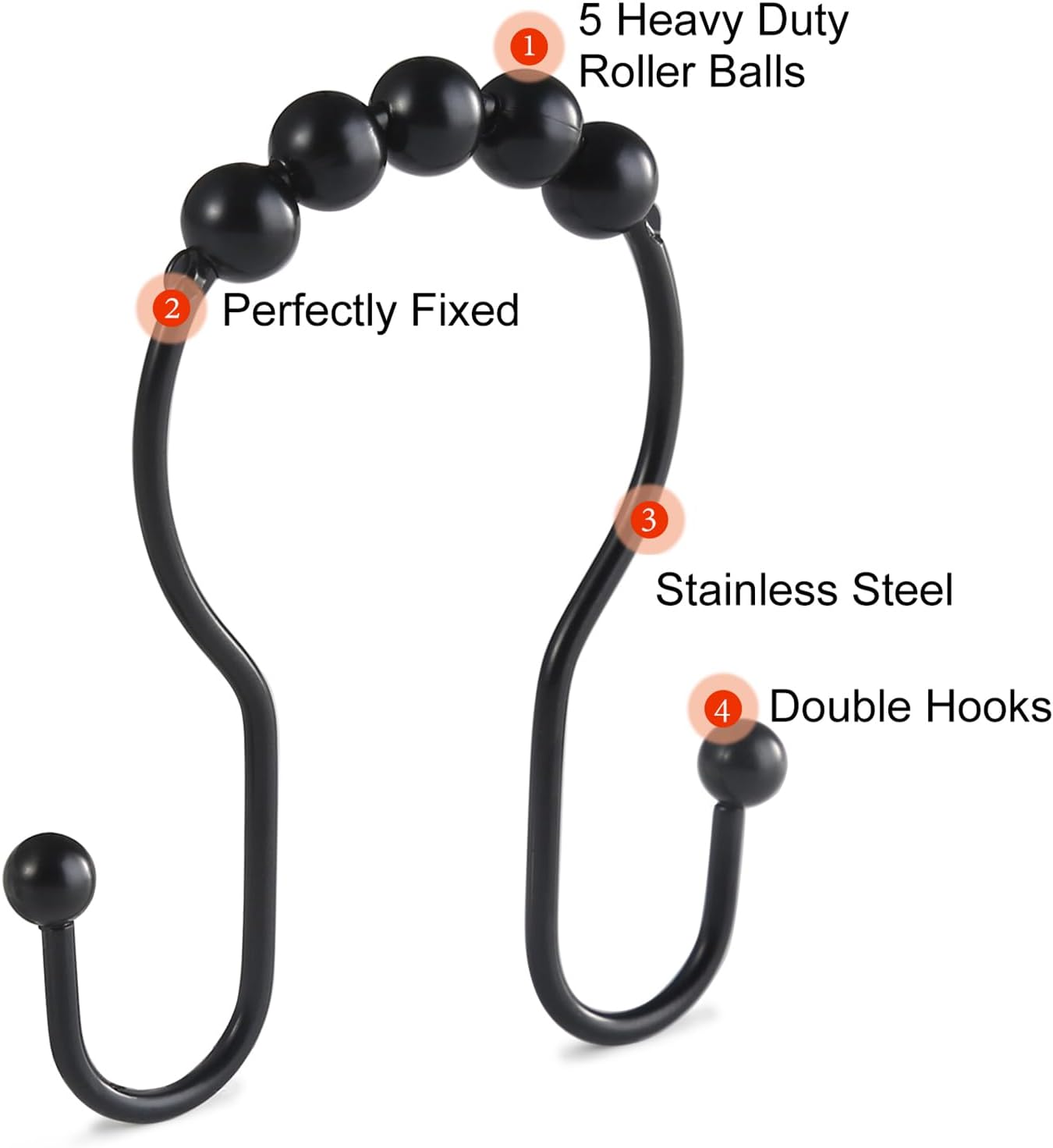 Goowin Shower Curtain Hooks, 12 Pcs Shower Curtain Rings, Stainless Steel Black Shower Curtain Hooks, Shower Curtain Rings Rust Proof, Smooth Sliding Anti-Drop Double Shower Rings for Curtain (Black)