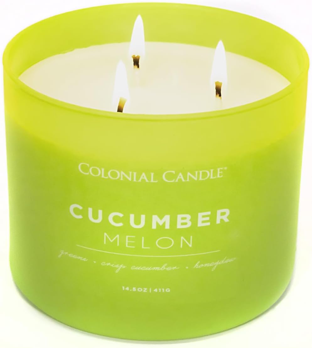Colonial Candle Cucumber Melon Scented Jar Candle, Pop of Color Collection, 3 Wick, Green, 14.5 oz - Up to 60 Hours Burn
