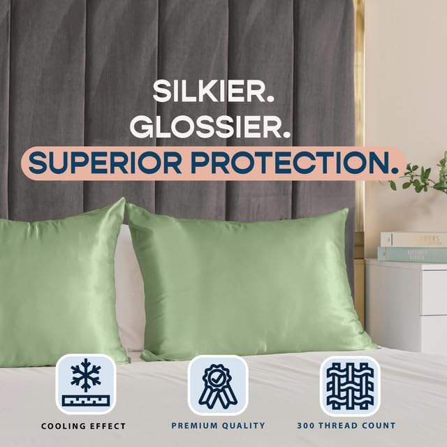 Satin Pillowcase with Zipper, for Hair and Skin Care, Feels Soft and Cool Like a Silk Pillowcase, Satin Pillow Cases 2 Pack, Slik Pillow Cover, Sage Green - Standard Size - Set of 2
