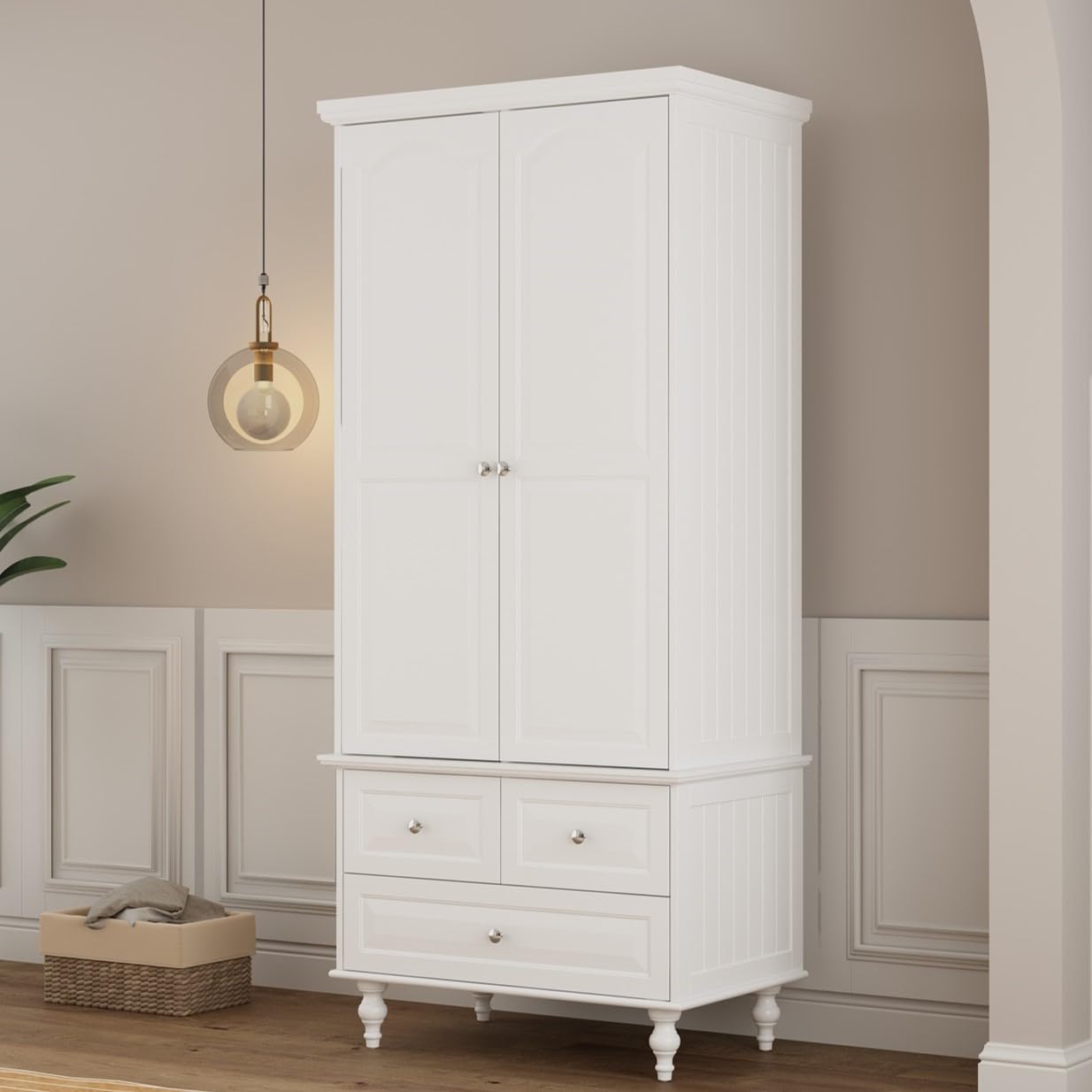 Hitow 2-Door Wardrobe Cabinet with Hanging Rod, Drawers and Shelves, Modern Free Standing Wood Storage Closet with Carved Lines and Sliver Knobs for Bedroom, White, 31.5”W x 19.1”D x 70.9”H