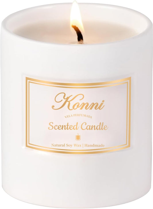 Scented Candle, 9oz Soy Candles, Pine and Cypress Scented White Candles for Women & Men, Long-Lasting Aromatherapy Jar Candle Wax for Home, Bathroom, Non Toxic Candle Gift (Ceramic Cube Cup)