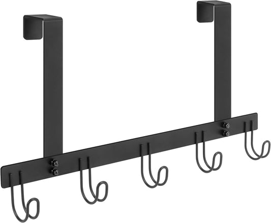 Over The Door Hooks, No Drill Door Towels Hanger, Metal Hanging Towel Holder with 5 Coat Hooks for Bathroom, Bedroom, Kitchen (Matte Black)