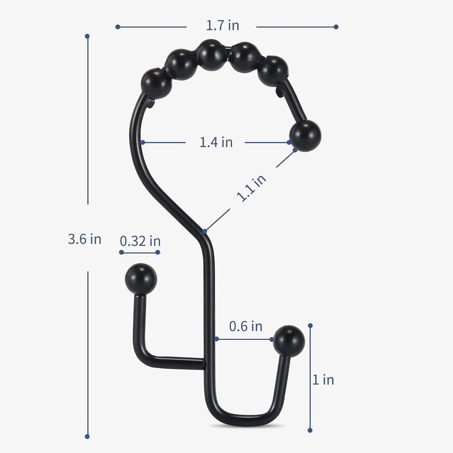 Shower Curtain Hooks, 12Pcs Shower Curtain Rings Rust Proof, Stepped Double Hook Shower Curtain Hooks, Easy Glide Metal Shower Hooks for Shower Curtain Bathroom Kitchen Wardrobe, Black