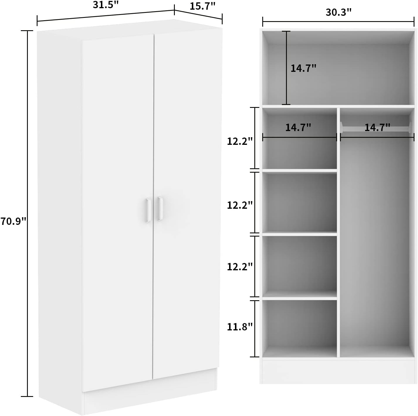 Hitow 2-Door Wardrobe Cabinet with Hanging Rod and 5 Shelves, Modern Free Standing Wood Storage Closet with Sliver Metal Handles for Bedroom, White, 31.5”W x 19.1”D x 70.9”H