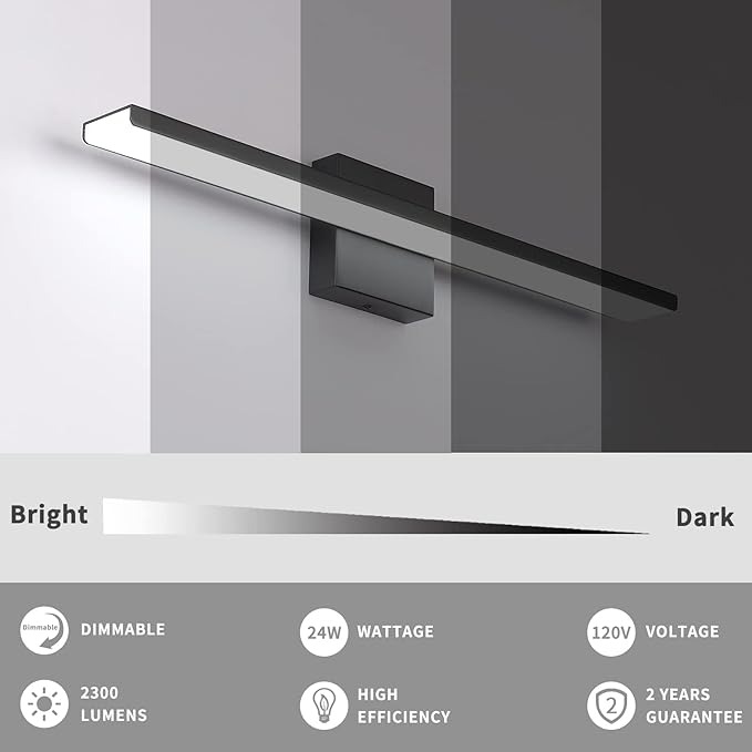 JUSHENG Bathroom Vanity Light Fixtures Aluminum & Stainless Steel Wall Mirror Vanity Light Fixtures for Bathroom & Bedroom Black Dimmable 24W 24" 6000K