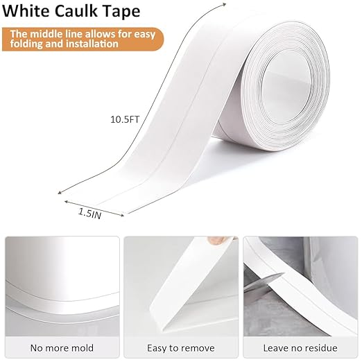 White Caulk Tape Self Adhesive Waterproof, Bathroom Peel & Stick Caulking Strip Floor Tile Wallpaper Toilet Tub Shower Wall Trim, DIY Project Renter Friendly Decor, Quick & Easy to Install in Minutes