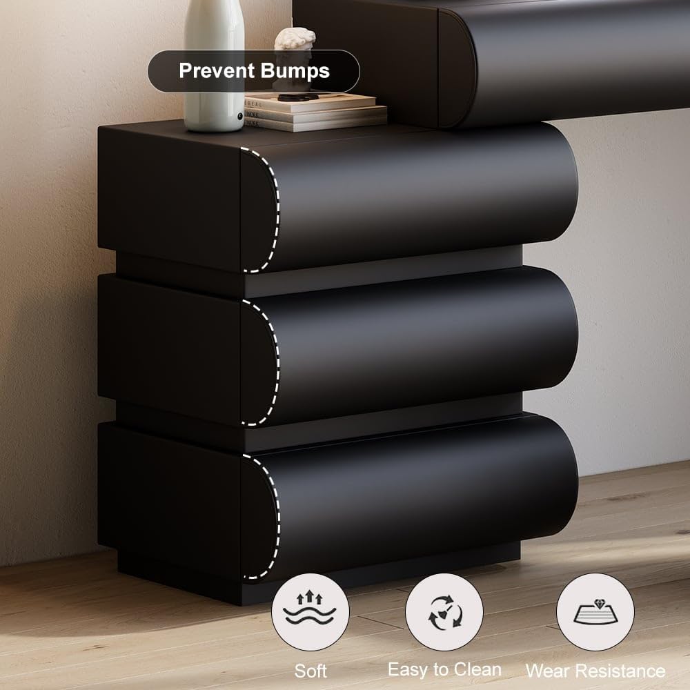 homary Black Makeup Vanity Set with LED Mirror and Dressing Stool, Modern PU Leather Dressing Table with Drawers for Bedroom, Ideal for Women Girls (Black)