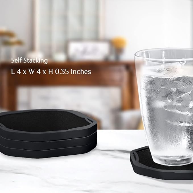 UMIRRO Absorbent Coasters for Drinks, Cool Silicone Cup Coaster with Felt Insert for Modern Coffee Table Decor, Small Unique Birthday Gift Ideas for Men Dad Him Women Mom Her, 4", Black, Set of 4