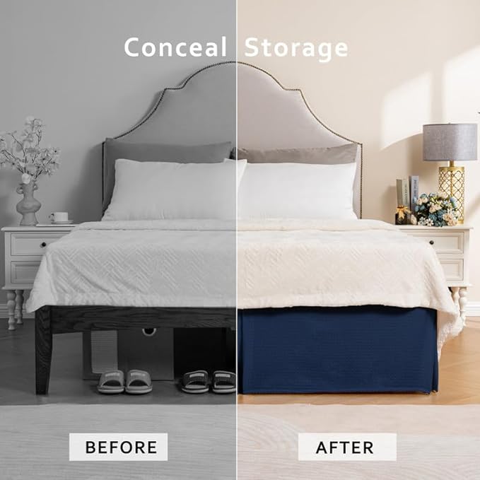 MIYE Pleated Waffle Weave Bed Skirt, Tailored Dust Ruffle 18 Inch Drop Easy Fit, Machine Washable (Navy Blue, King - 18" Drop)