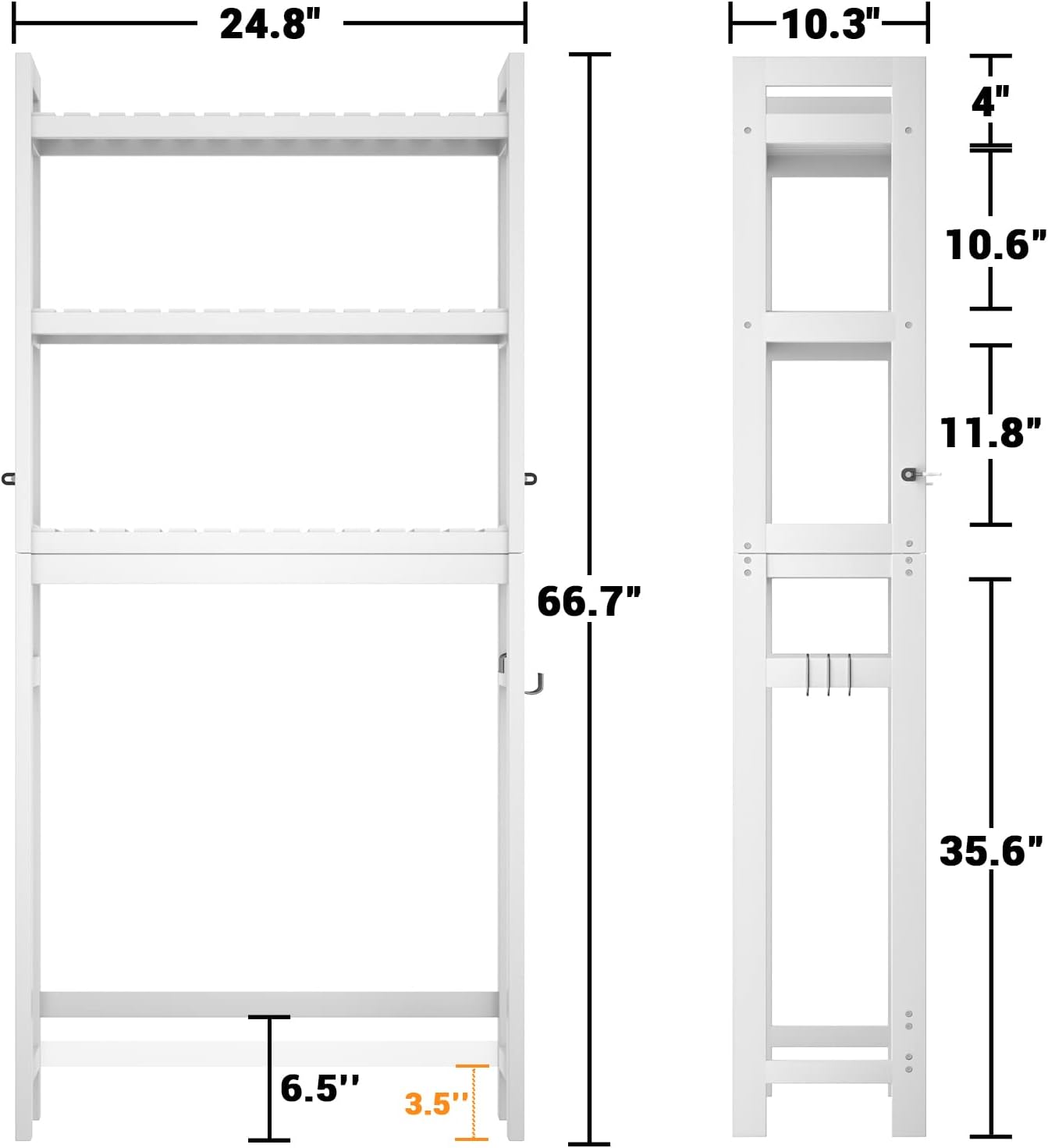 Homykic Over The Toilet Storage, Bamboo Over Toilet Bathroom Organizer Rack, Freestanding Bathroom Shelves Above Toilet Storage with 3 Hooks, Bathroom Space Saver, No Rust, Easy to Assemble, White