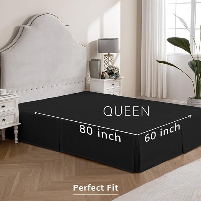 MIYE Pleated Waffle Weave Bed Skirt, Tailored Dust Ruffle 14 Inch Drop Easy Fit, Machine Washable (Black, Queen - 14" Drop)