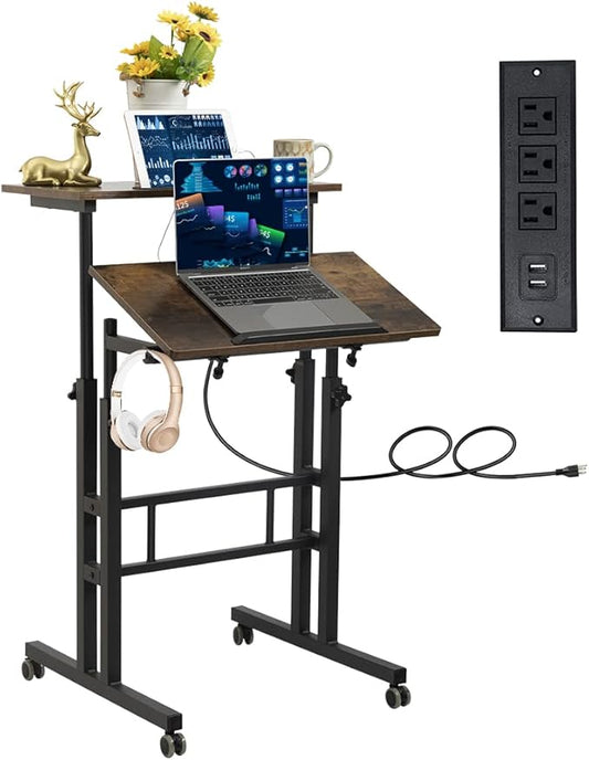 Hadulcet Mobile Standing Desk with Charging Station, Adjustable Standing Computer Desk, Standing Adjustable Laptop Cart with Wheels for Home Office Classroom Rustic Brown