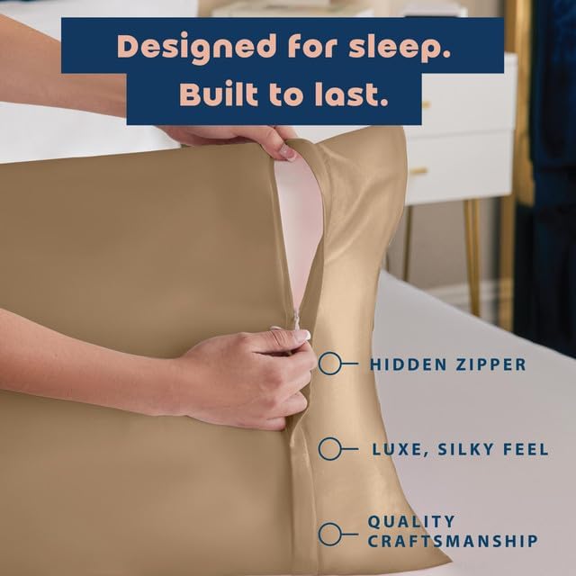 Satin Pillowcase with Zipper, for Hair and Skin Care, Feels Soft and Cool Like a Silk Pillowcase, Beige Satin Pillow Cases 2 Pack, Slik Pillow Cover, Queen Size, Set of 2