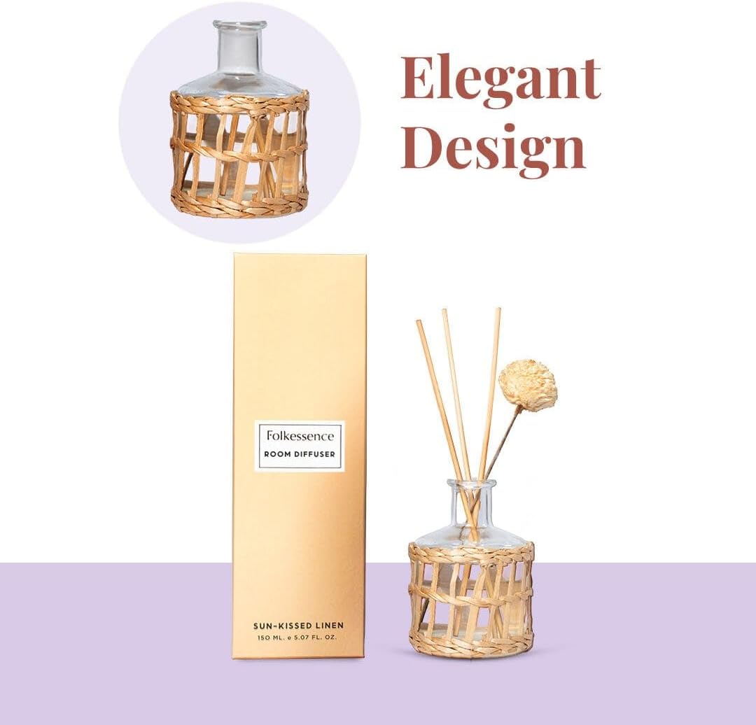 Folkulture Reed Diffusers for Home, 5 oz | Linen Scent Diffuser Oil with Sticks for Bathroom Decor Accessories, Living Room, Office, Desk| Natural Essential Oils | Housewarming Gifts | Sunkissed