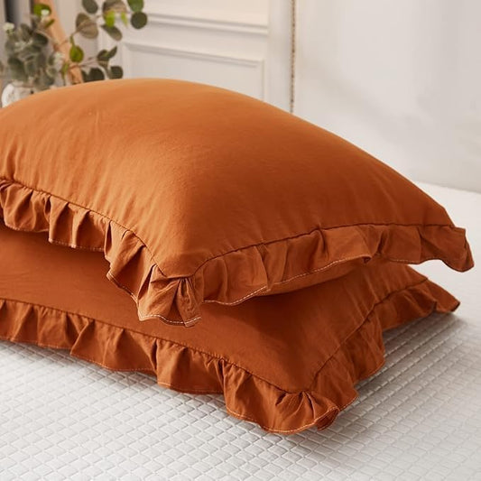 Merryword Burnt Orange Pillowcases Standard Pillowcases 20x26inch Cute Pillowcases Rust Ruffle Set of 2 Shabby Chic Caramel Pillow Cover