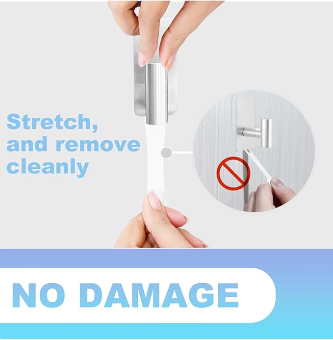 4 Pcs Towel Hooks Heavy Duty for Hanging，Adhesive Wall Hooks with Removable Strips，Sticky No Damage，Outdoor for Bathrooms，Shower，Stockings，Decor，Robe，Large，Silver 304 Stainless Steel