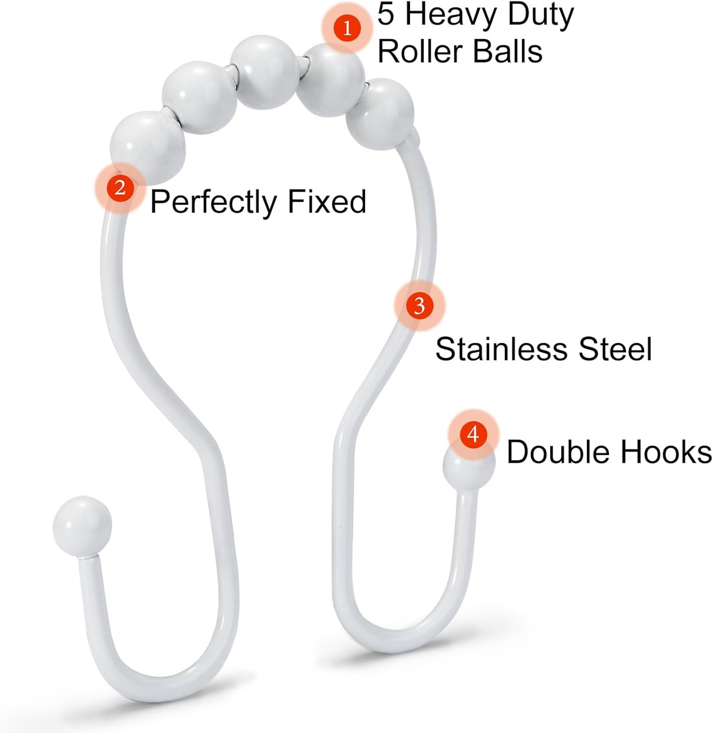 Goowin Shower Curtain Hooks, 12 Pcs Shower Curtain Rings, Stainless Steel Shower Curtain Hooks Rings Rust Proof, Smooth Sliding Anti-Drop Double Shower Hooks for Shower Curtain, Rods (White)