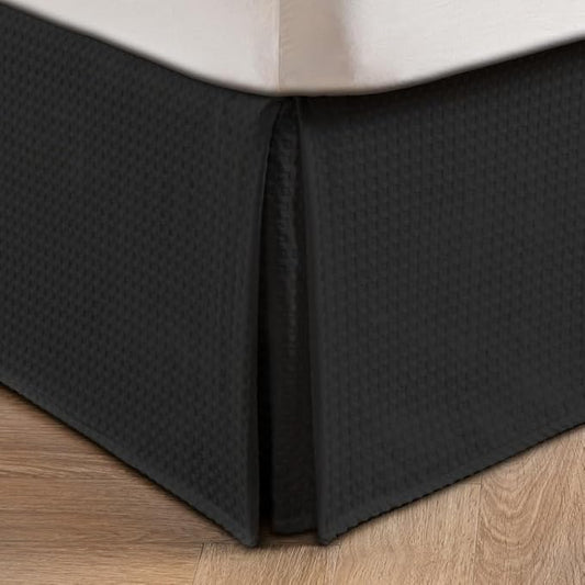 MIYE Pleated Waffle Weave Bed Skirt, Tailored Dust Ruffle 14 Inch Drop Easy Fit, Machine Washable (Black, Queen - 14" Drop)