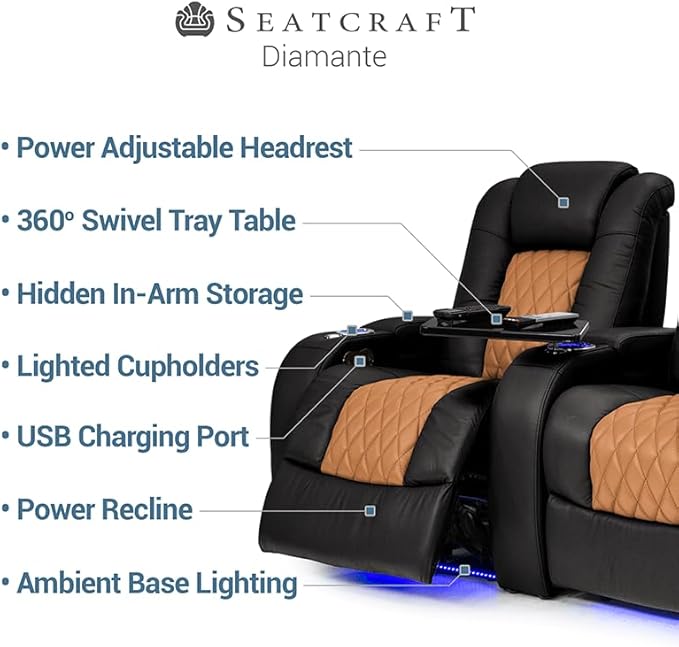 Seatcraft Diamante - Home Theater Seating - Living Room - Power Recline - Italian Leather - Powered Headrests - Cupholders - USB Charging - Ambient Lighting - Arm Storage, Black/Tan Oak, Row of 3