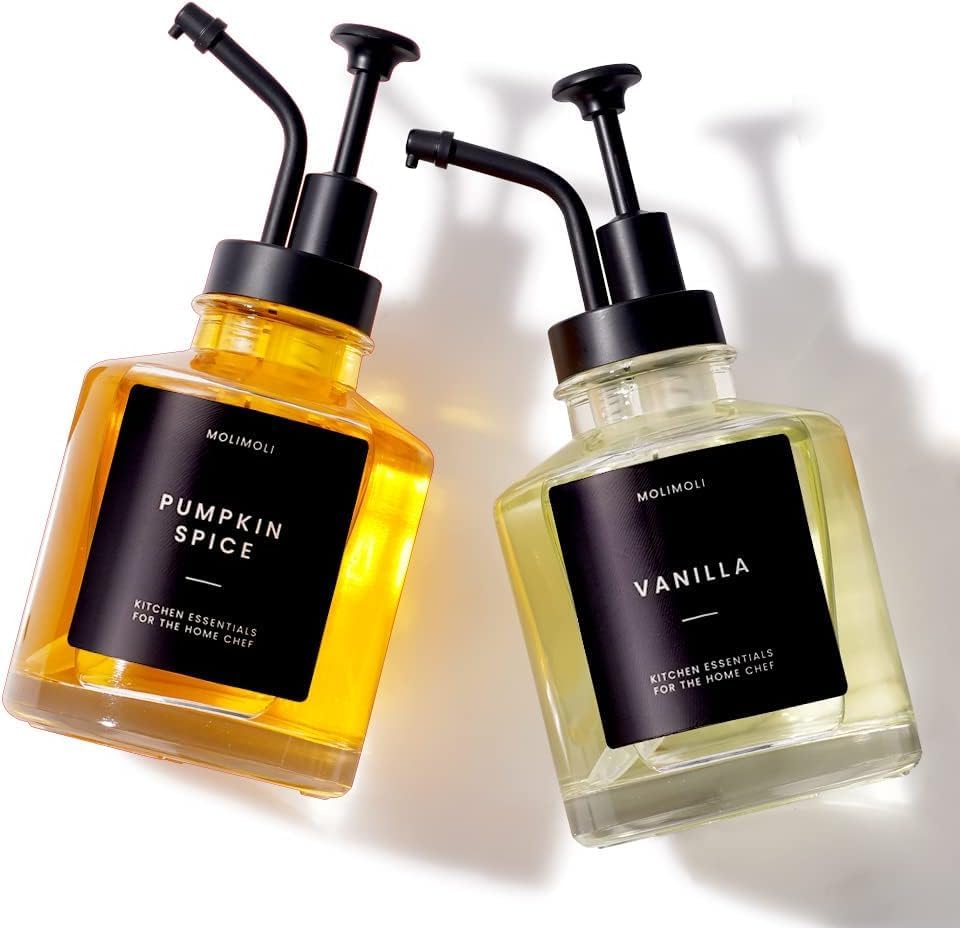 Molimoli Coffee Syrup Dispenser - Glass Bottle w. Pump, 11.8 oz 350 ml, Set of 2, Black Upgraded Pump