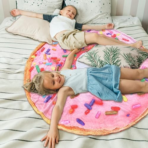 Vessia Pink Donuts Printed Throw Blanket, Realistic Funny Food Blanket for Adults and Kids, 300GSM Soft Giant Donuts Throw for Couch, Sofa, Bed, Fun Decor for All Seasons, 71 inches