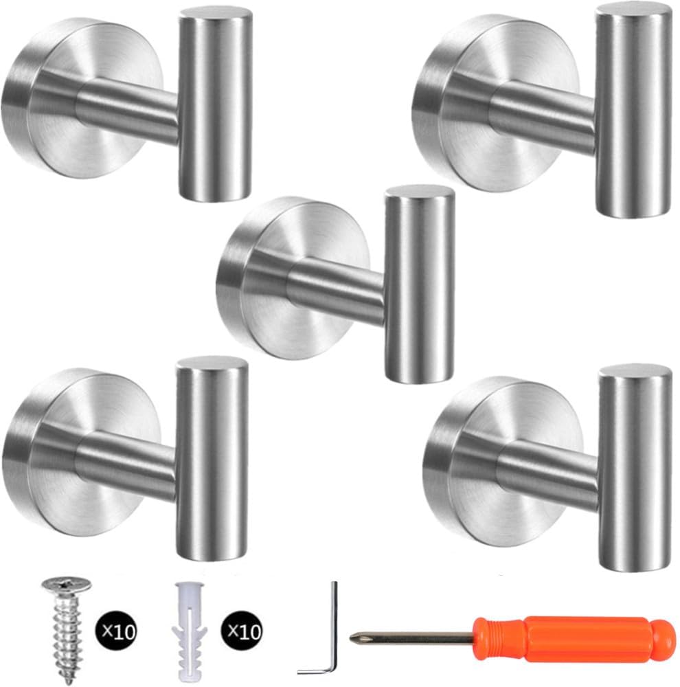 szhdxsy 5 Pack Bath Towel Hooks Hook, 304 Stainless Steel Shower Towel Holder, Kitchen Towel Hanger, Round Robe Hook for Wall Heavy Duty Coat Hook for Bathroom Wall Mounted (Silvery)
