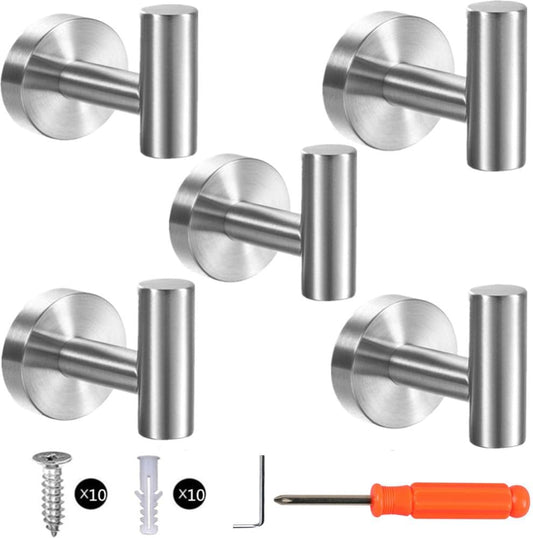 szhdxsy 5 Pack Bath Towel Hooks Hook, 304 Stainless Steel Shower Towel Holder, Kitchen Towel Hanger, Round Robe Hook for Wall Heavy Duty Coat Hook for Bathroom Wall Mounted (Silvery)