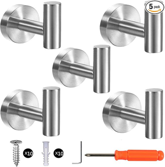 szhdxsy 5 Pack Bath Towel Hooks Hook, 304 Stainless Steel Shower Towel Holder, Kitchen Towel Hanger, Round Robe Hook for Wall Heavy Duty Coat Hook for Bathroom Wall Mounted (Silvery)
