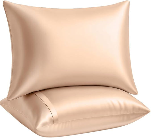 Satin Pillowcase with Zipper, for Hair and Skin Care, Feels Soft and Cool Like a Silk Pillowcase, Satin Pillow Cases 2 Pack, Slik Pillow Cover, Champagne, Queen, Set of 2