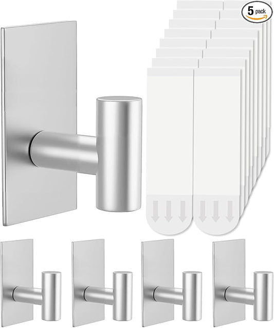 5 Pcs Towel Hooks Heavy Duty for Hanging，Adhesive Wall Hooks with Removable Strips，Sticky No Damage，Outdoor for Bathrooms，Shower，Stockings，Decor，Robe，X-Large，Silver 304 Stainless Steel