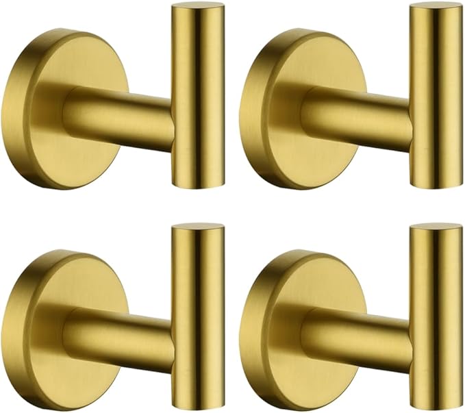 JQK Bathroom Towel Hook Brushed Gold, Brass Coat Robe Clothes Hook for Bathroom Kitchen Garage Wall Mounted (Pack of 4), SUS 304 Stainless Steel 0.8mm, TH100-BG-P4