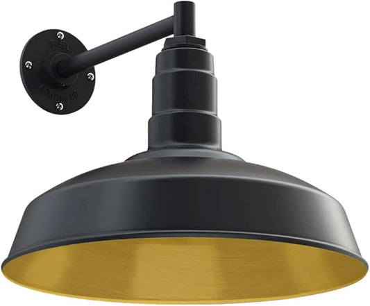 Steel Lighting Co. Gardena Barn Light | Outdoor Wall Mounted | 16" Dome | 11" Straight Arm | Farmhouse Light Made in America | Matte Black Exterior/Brass Interior