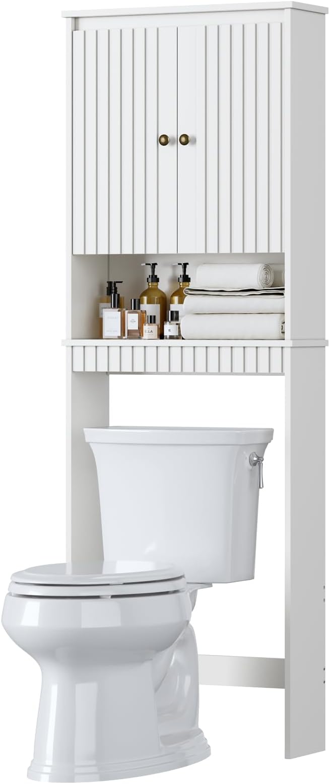 Over The Toilet Storage Cabinet, Over Toilet Bathroom Organizer with Fluted Panel Doors and Soft Hinges, Above Toilet Storage Shelves Behind Toilet Bathroom Organizer (White)