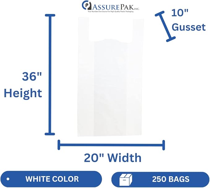 White Unprinted HDPE T-Shirt Bags - 20"x10"x36" with handles – 250 Units – 18 Microns – Retail, Business, Market, Home, at the Farmer's Market, or in a Grocery Store