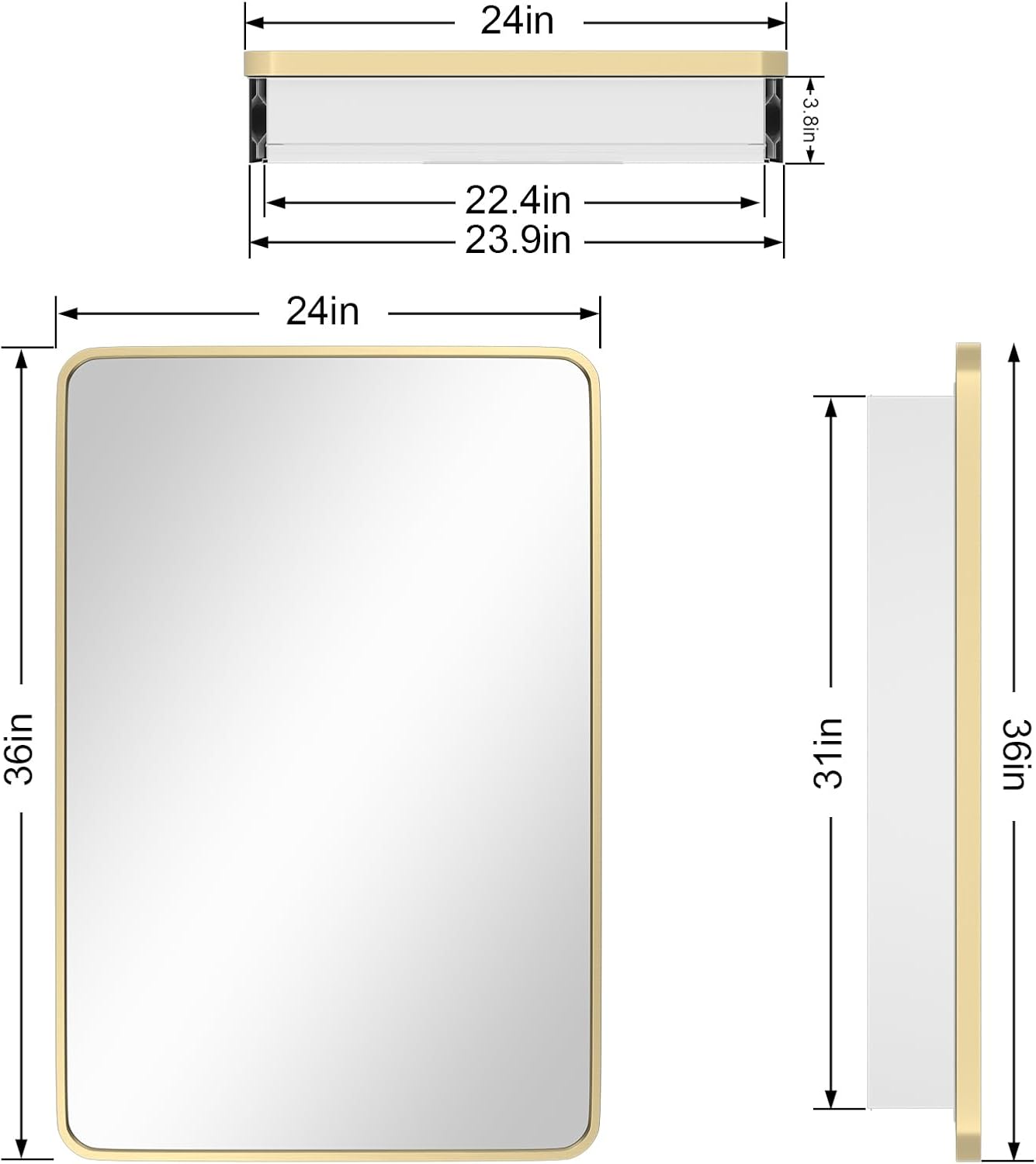 HOMECOOKIN Farmhouse Gold Metal Framed Recessed Bathroom Medicine Cabinet with Beveled Mirror Rounded Rectangle Bathroom Medicine Cabinet 24x36 inch