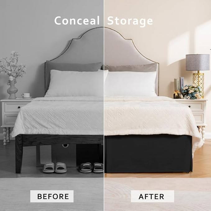 MIYE Pleated Waffle Weave Bed Skirt, Tailored Dust Ruffle 14 Inch Drop Easy Fit, Machine Washable (Black, Queen - 14" Drop)