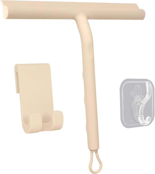 Squeegee for Shower Glass Doors, Resilient Loop - No-Drill & Adhesive Hook, Silicone Shower Squeegee with Stainless Steel Core, Cleaning Tool for Home, Kitchen, Bathroom & Car - Beige