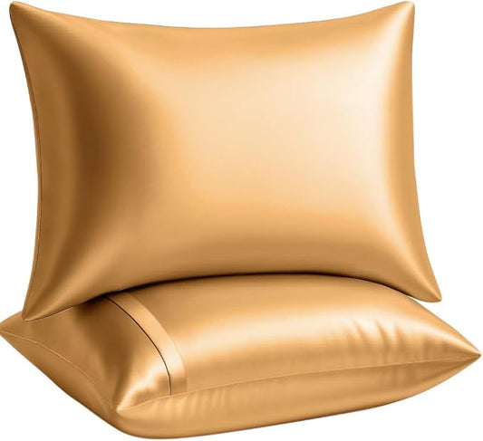 Satin Pillowcase with Zipper, for Hair and Skin Care, Feels Soft and Cool Like a Silk Pillowcase, Gold Satin Pillow Cases 2 Pack, Slik Pillow Cover, Standard Size - Set of 2
