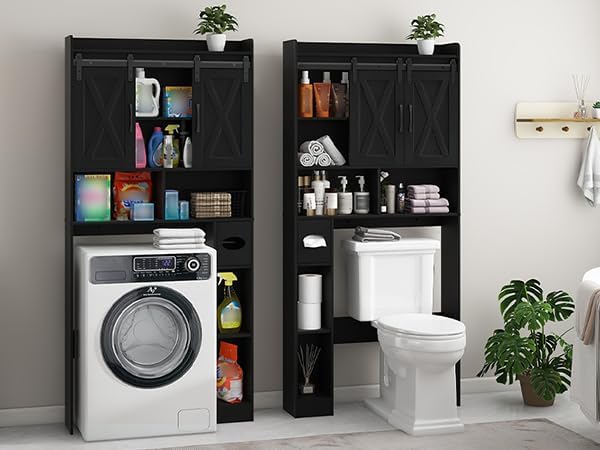Over The Toilet Storage Cabinet, Farmhouse Storage Cabinet Over Toilet with Sliding Doors & Toilet Paper Holder Stand，Home Space-Saving Toilet Rack, for Bathroom, Laundry and Restroom.Black