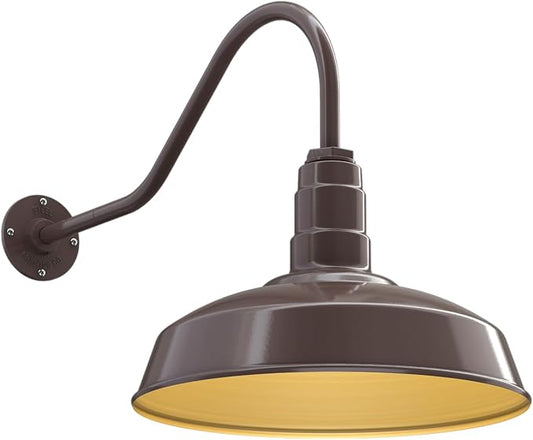 Steel Lighting Co. Gardena Barn Light | Outdoor Wall Mounted | 16" Dome | 23" Gooseneck | Farmhouse Light Made in America | Dark Bronze Exterior/Brass Interior