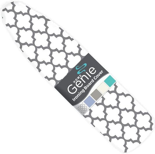 HOME GENIE Ironing Board Cover, Silicone Coating, Full Size Scorch Resistant Padding, Elastic Edge Heavy Duty Iron Pad Covers Standard Boards, Hook and Loop Fastener Strap Extra Thick, Quatrefoil Gray