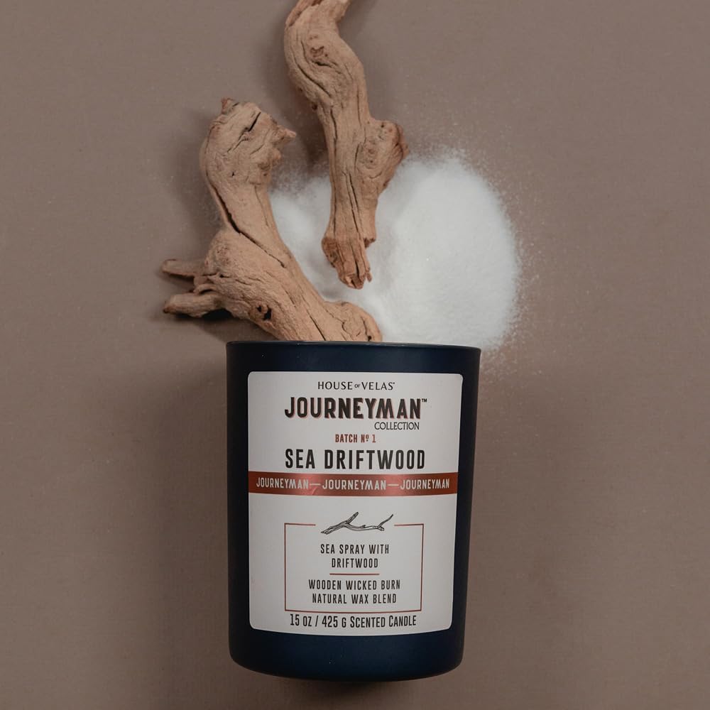 Journeyman Collection Candle, 15oz, Wooden Wick, Sea Driftwood, Large Painted Jar