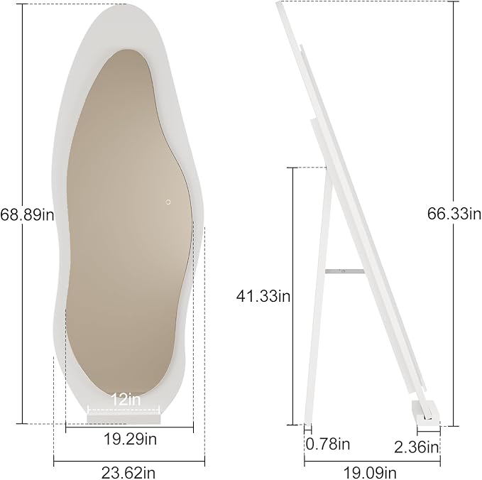 69"x 24" Wavy Mirror Full Length,Lights Irregular led Full Length Mirror, Shatter-Proof Hanging or Leaning Against Wall for Cloakroom/Bedroom/Living Room,Walnut (White)