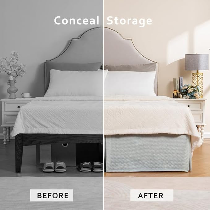 MIYE Pleated Waffle Weave Bed Skirt, Tailored Dust Ruffle 12 Inch Drop Easy Fit, Machine Washable (Light Grey, Full - 12" Drop)