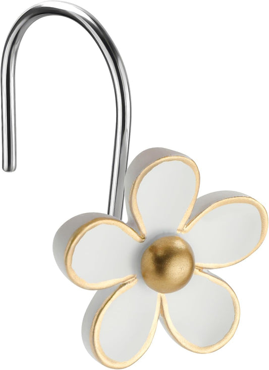 Cute Flower Shower Curtain Hooks, Pretty Floral Themed Elegant Bathroom Decor, Gold/White