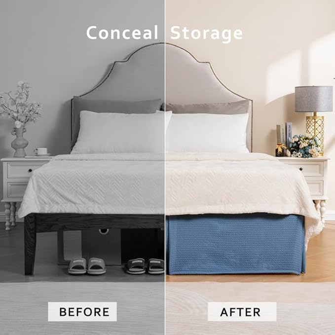 MIYE Pleated Waffle Weave Bed Skirt, Tailored Dust Ruffle 12 Inch Drop Easy Fit, Machine Washable (Blue, Full - 12" Drop)